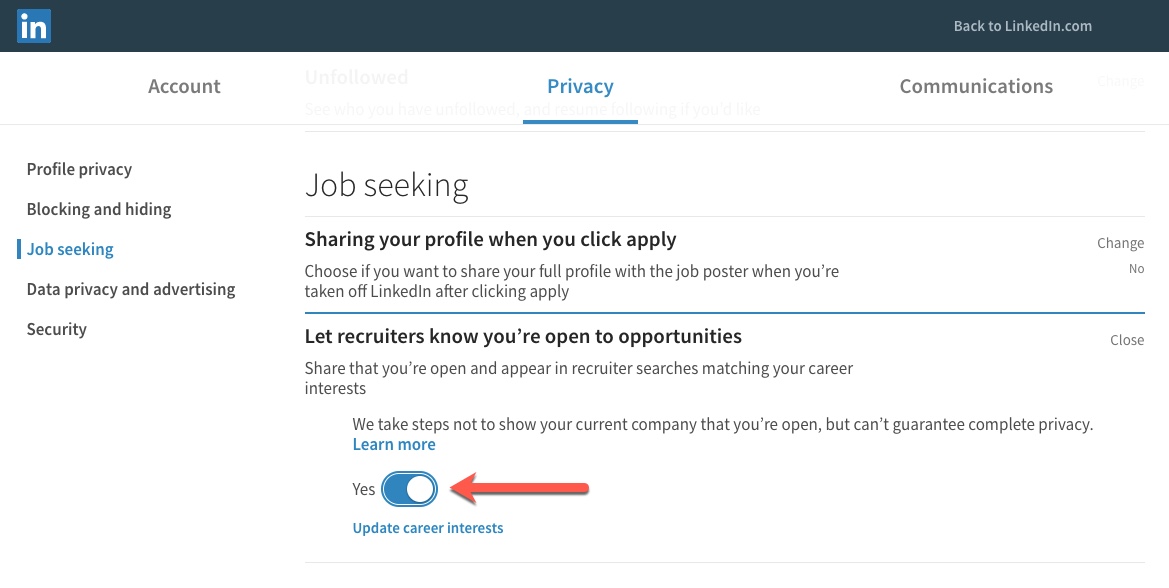 Turn on Job Seeker in LinkedIn