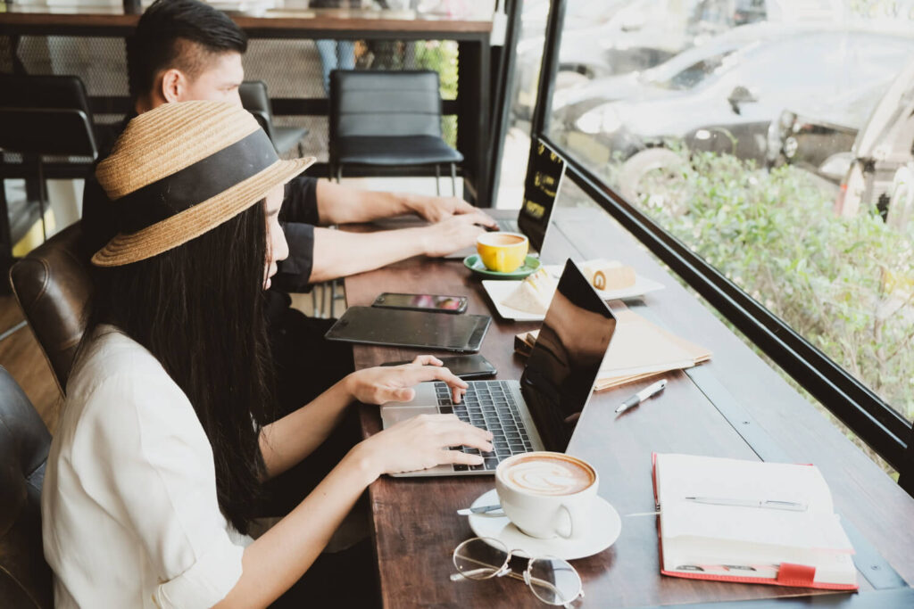 Gig workers at a coffee shop